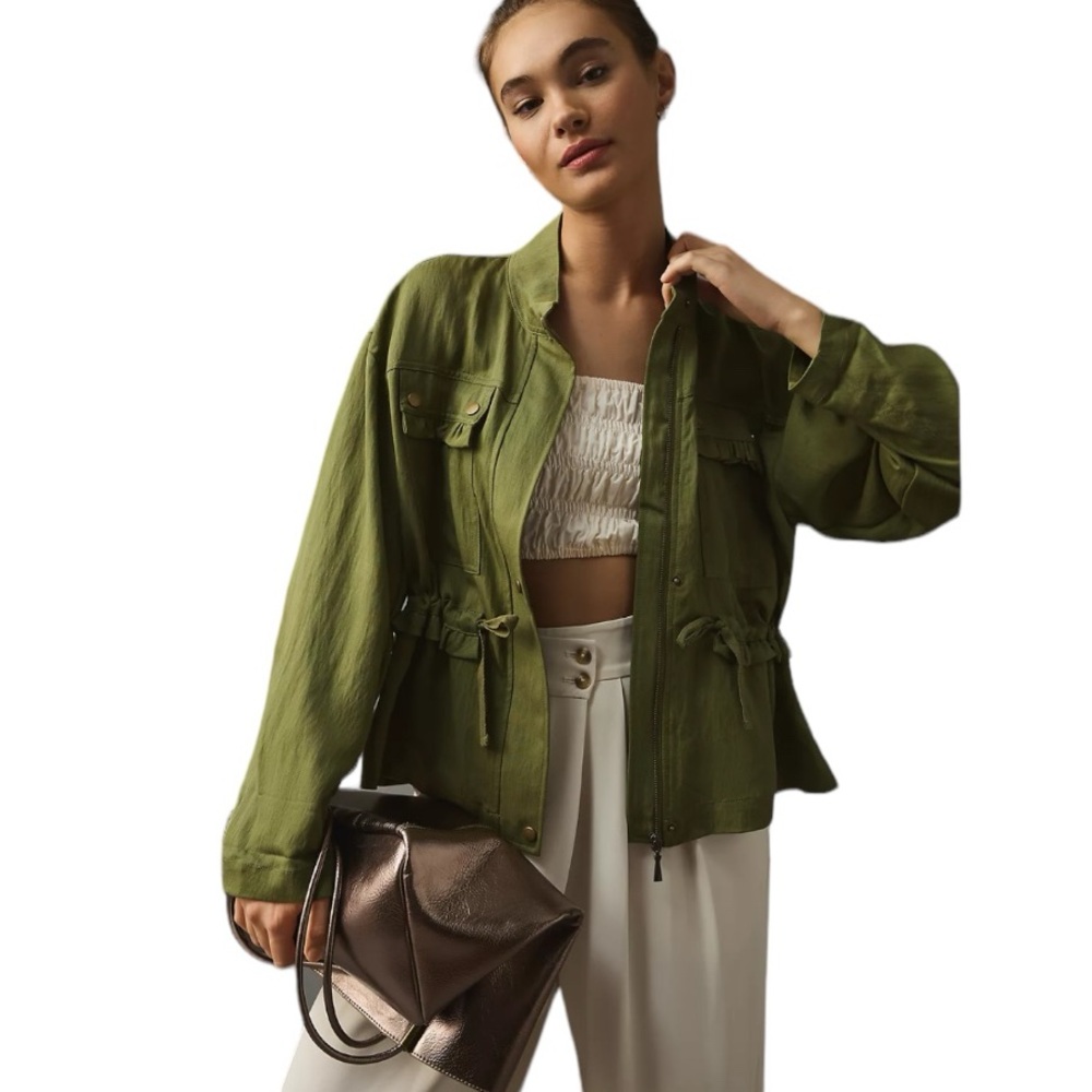 NWT Anthropologie Snap Utility Ruffle Jacket Military Cinch Waist Olive Green